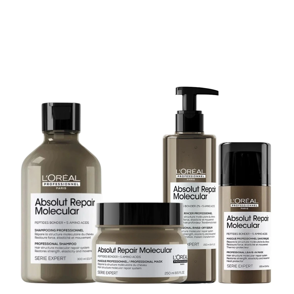 Kit Absolut Repair Molecular L´Oréal: Shampoo + Máscara + Sérum + Máscara sin enjuague