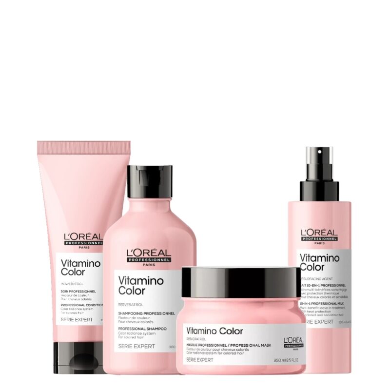 Kit L´Oréal Vitamino Color: Shampoo + Acondicionador + Spray 10en1 + Máscara. Cuidado del color