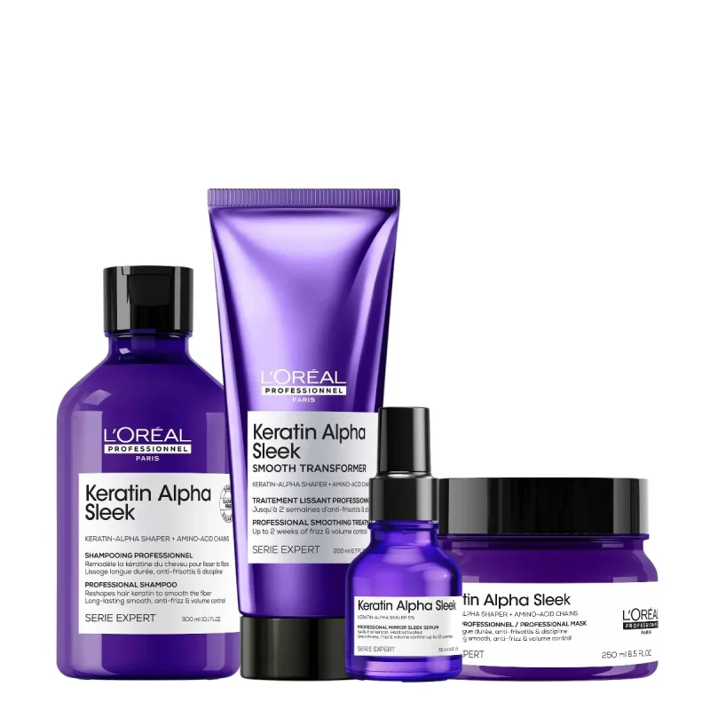 Kit Keratin Alpha Sleek L´Oréal: Shampoo + Acondicionador + Máscara + Sérum. Anti-frizz