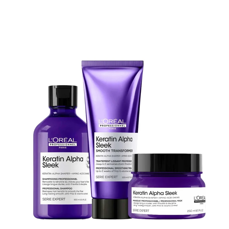Kit Keratin Alpha Sleek L´Oréal: Shampoo + Acondicionador + Máscara. Anti-frizz