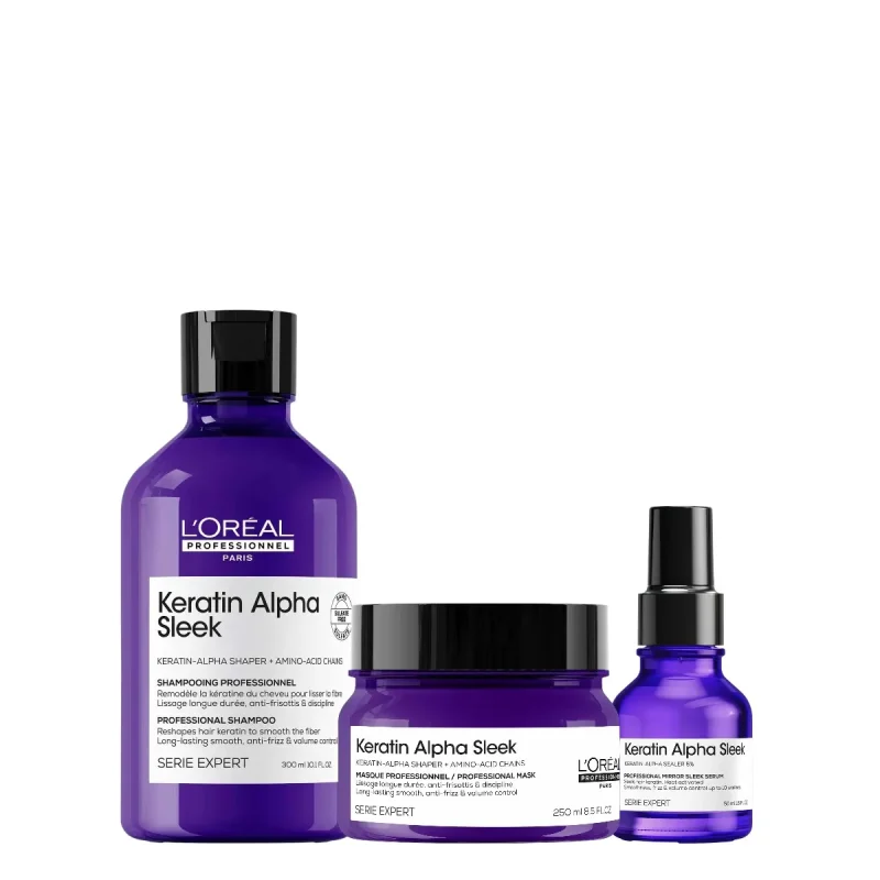 Kit Keratin Alpha Sleek L´Oréal: Shampoo + Máscara + Sérum. Anti-frizz