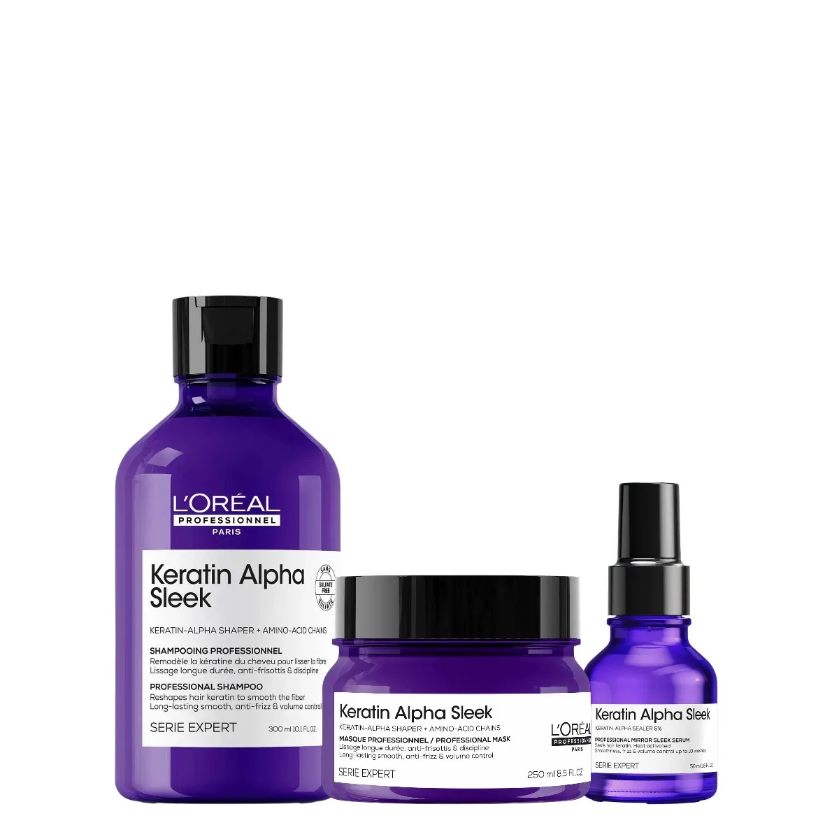 Kit Keratin Alpha Sleek L´Oréal: Shampoo + Máscara + Sérum. Anti-frizz