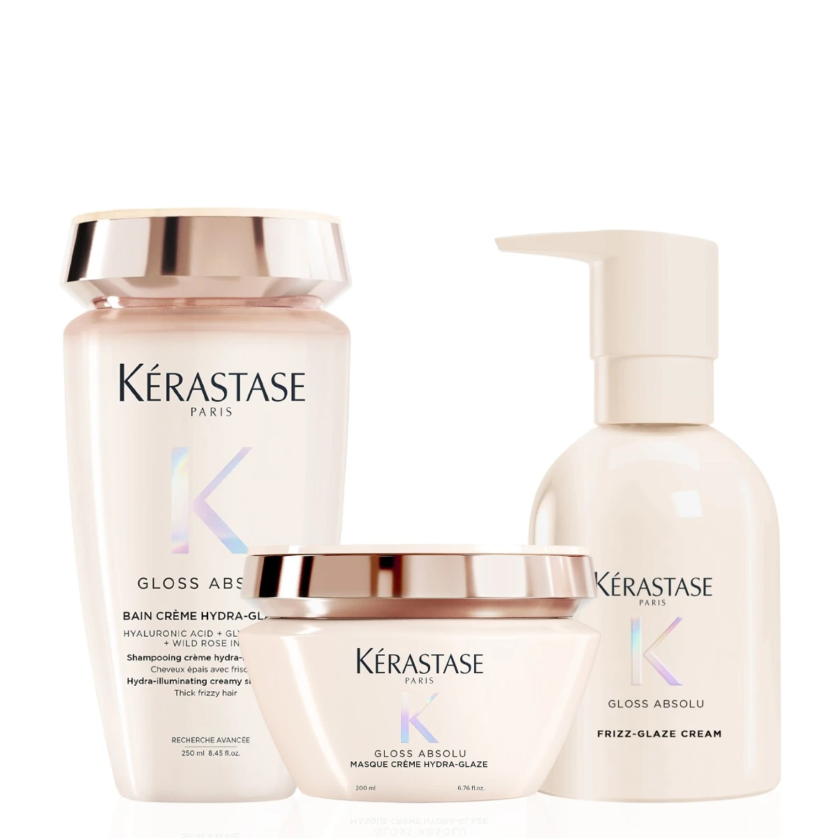 Kit Gloss Absolu Crème Hydra-Glaze Kérastase: Shampoo + Máscara + Crema. Anti-frizz
